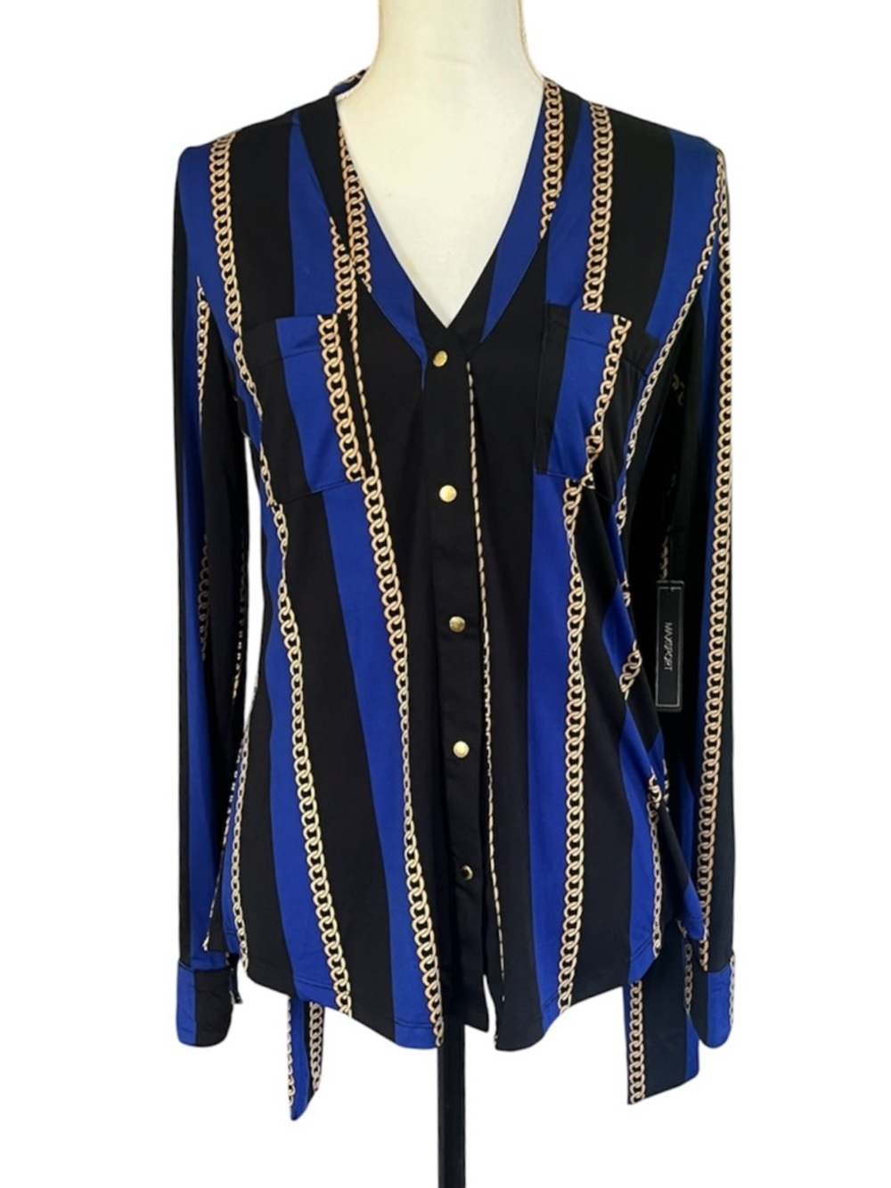 NWT MaxSport Chain Print Pattern Neck Tie Long Sleeve Cobalt Blouse Size Medium - Picture 8 of 13